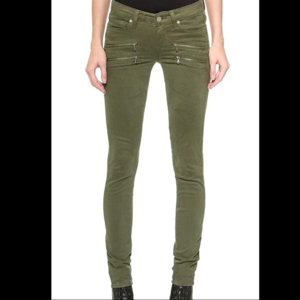 Paige Edgemont Ultra Skinny Moto Jeans Olive Green Double Zip Size 23